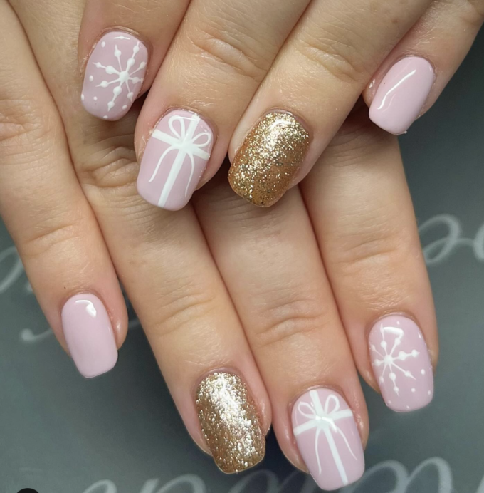 gold and pink sparkle christmas nails
